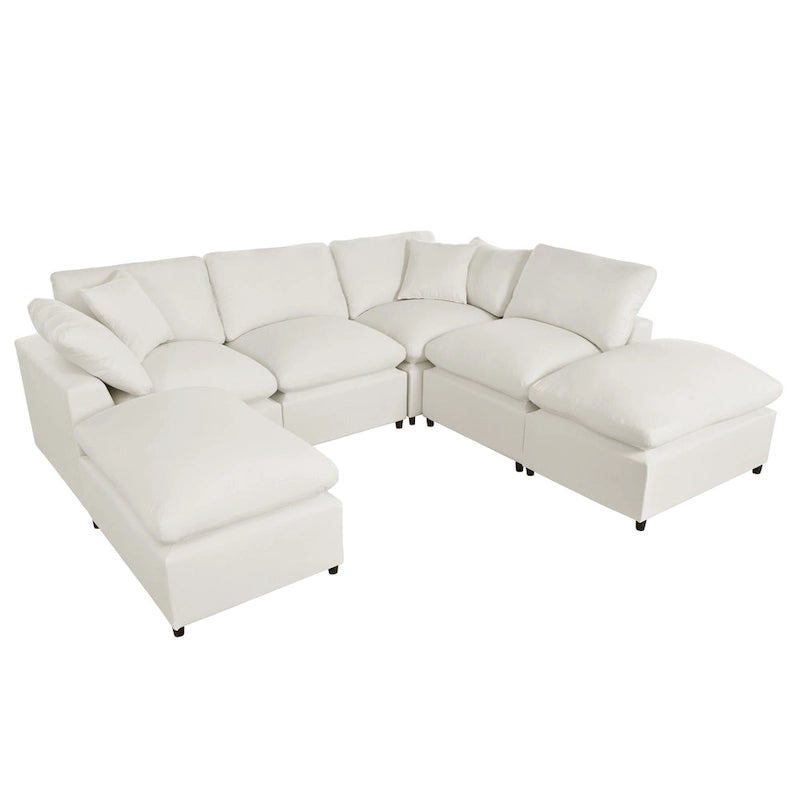 Beige 134.40 Modern U-Shaped 6 Seater Sectional Sofa with 2 Large Chaises, Removable Ottomans and Soft Cushions