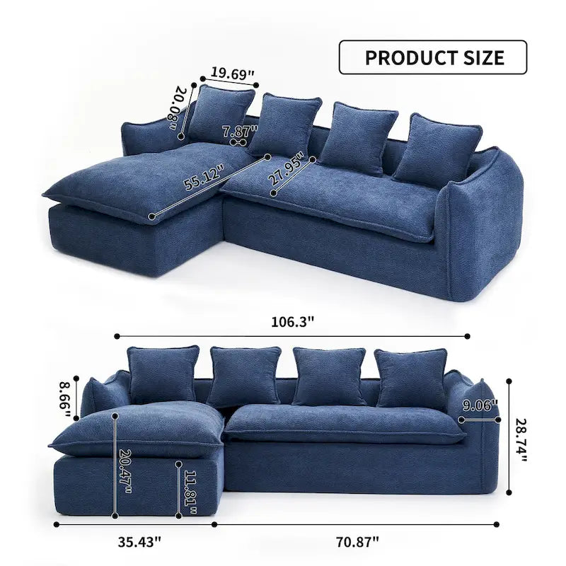Blue 106.3 Oversized L-Shaped 3-Seater Sectional Sofa with Chaise, 4 Decorative Pillows, and Stylish Modular Build