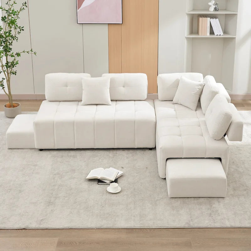91.73 L-Shaped 4-Seat Sectional Sofa with 2 Hidden Stools, 2 Removable Lumbar Cushions, and Durable Chenille Fabric