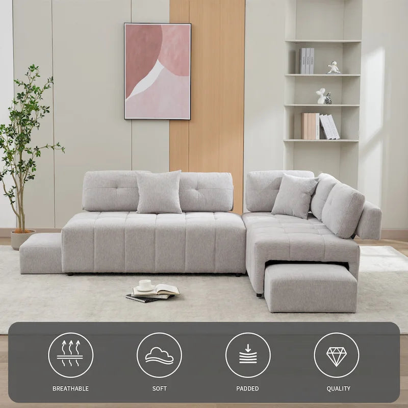 91.73 L-Shaped 4-Seat Sectional Sofa with 2 Hidden Stools, 2 Removable Lumbar Cushions, and Durable Chenille Fabric