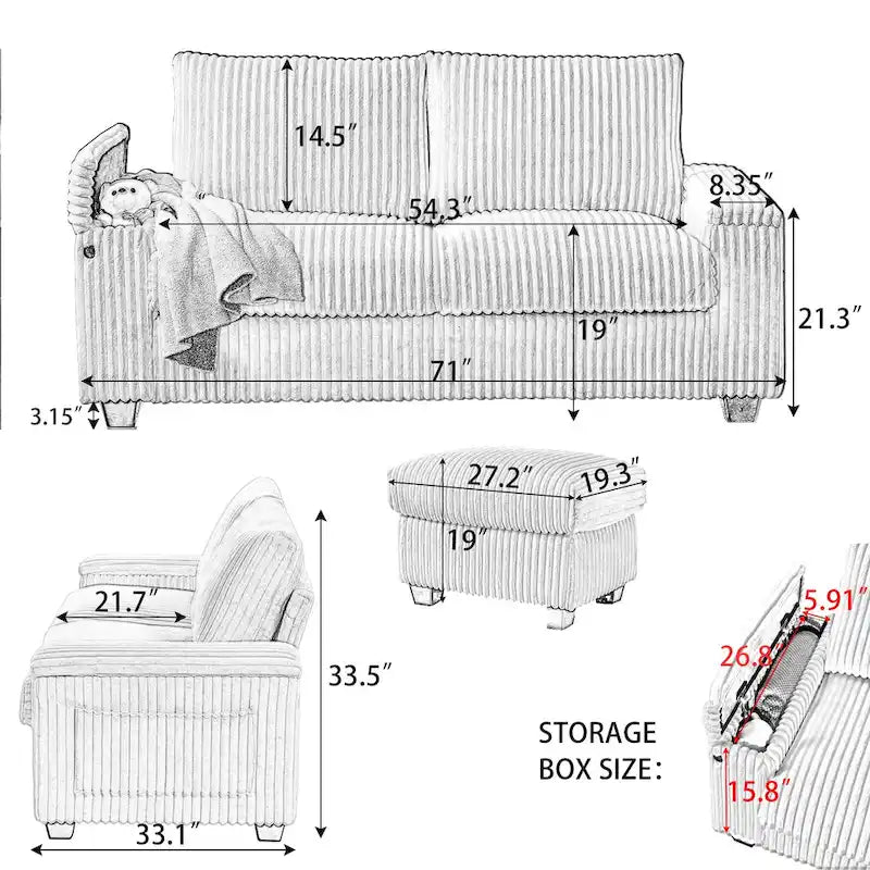 Dark Grey 71 Fabric Loveseat Sofa with Square Storage Armrest and USB port for Living Room
