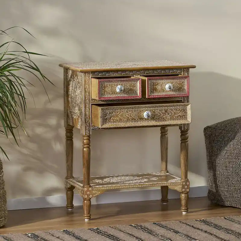 23.75 Modern Wooden End Table with Three Drawers and Open Bottom Shelf for Living Room or Bedroom