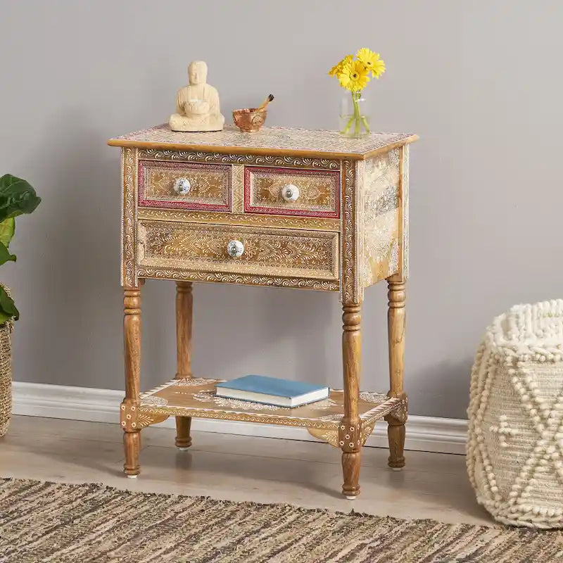 23.75 Modern Wooden End Table with Three Drawers and Open Bottom Shelf for Living Room or Bedroom