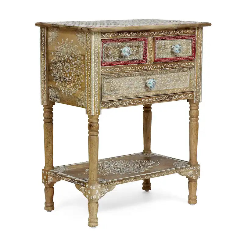 23.75 Modern Wooden End Table with Three Drawers and Open Bottom Shelf for Living Room or Bedroom