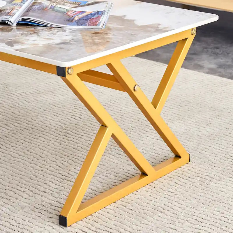 47 Modern Rectangular Coffee Table with Sintered Stone Tabletop and X-shaped Metal Legs