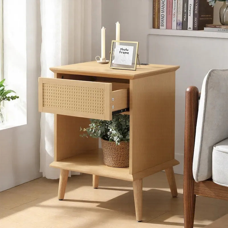 Chelsea Square Teagan Rattan Accent Side Table with Drawer Storage, Charging Station, & LED Touch Light - 15.25x23.75