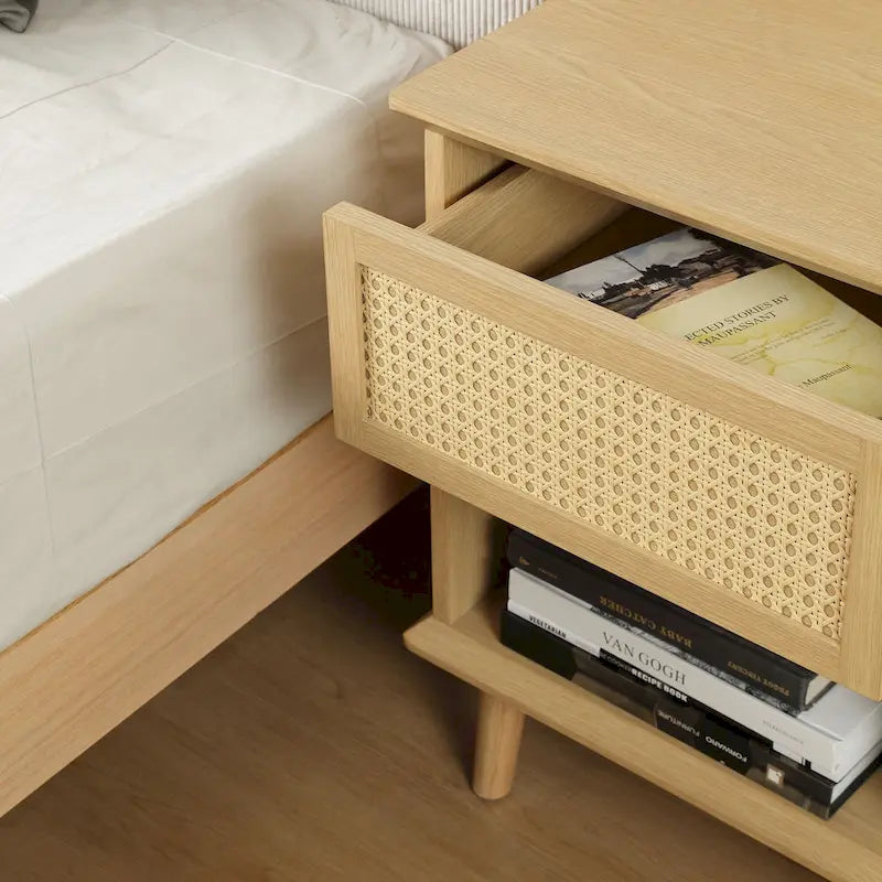 Chelsea Square Teagan Rattan Accent Side Table with Drawer Storage, Charging Station, & LED Touch Light - 15.25x23.75