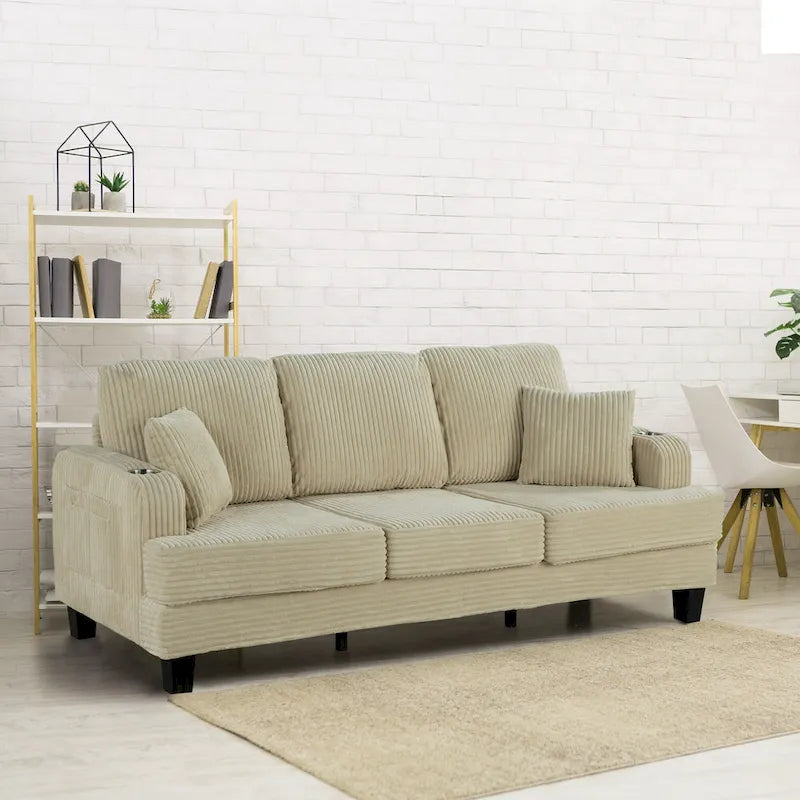 85 Modern Corduroy Rectangle 3-seater Sofa with USB and 2 Pillows