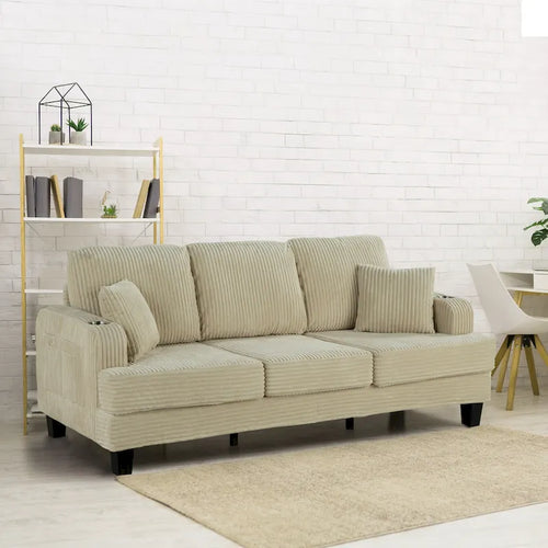 85 Modern Corduroy Rectangle 3-seater Sofa with USB and 2 Pillows