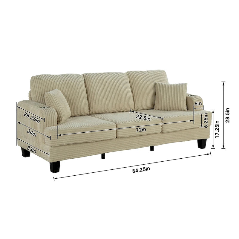 85 Modern Corduroy Rectangle 3-seater Sofa with USB and 2 Pillows