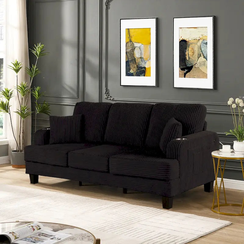 85 Modern Corduroy Rectangle 3-seater Sofa with USB and 2 Pillows