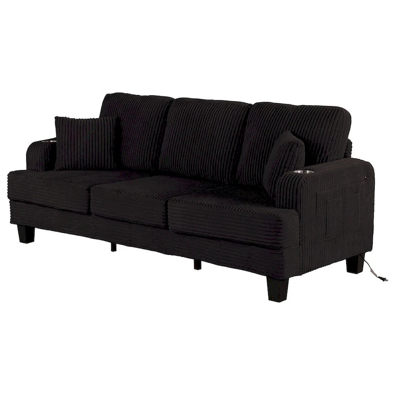 85 Modern Corduroy Rectangle 3-seater Sofa with USB and 2 Pillows