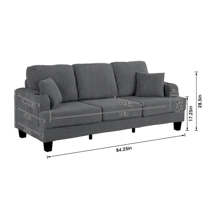 85 Modern Corduroy Rectangle 3-seater Sofa with USB and 2 Pillows