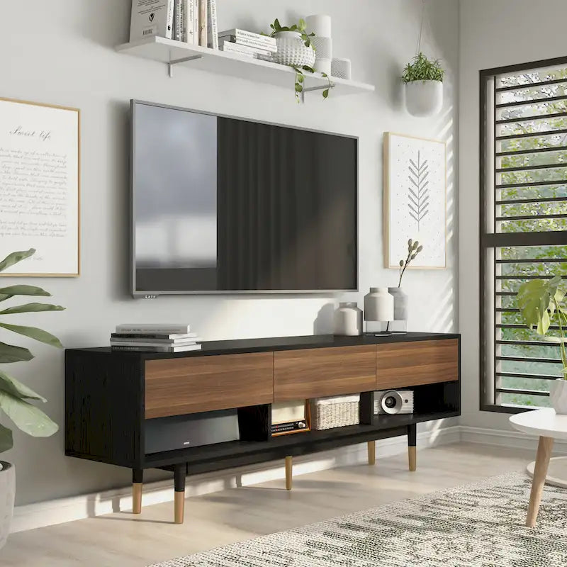 Uddvide Mid-Century Modern Black 71-inch 3-Shelf TV Console by Carson Carrington