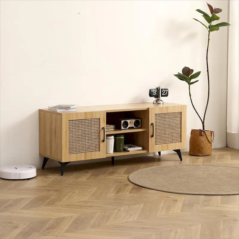 Oak Rattan TV Stand Storage Cabinet Entertainment Center 51.2 Inch - 16.00 x 51.20 x 20.50