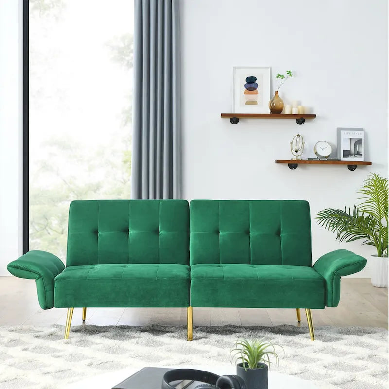 Italian Velvet Convertible Sleeper Sofa Bed with with Folded Armrests and Storage Bags