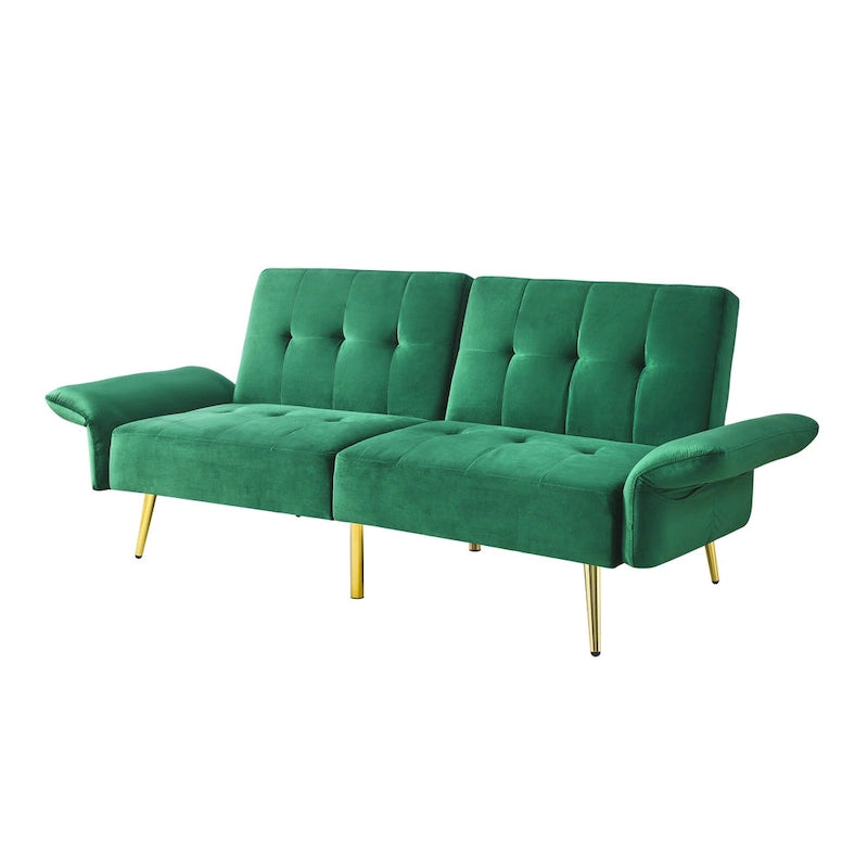 Italian Velvet Convertible Sleeper Sofa Bed with with Folded Armrests and Storage Bags