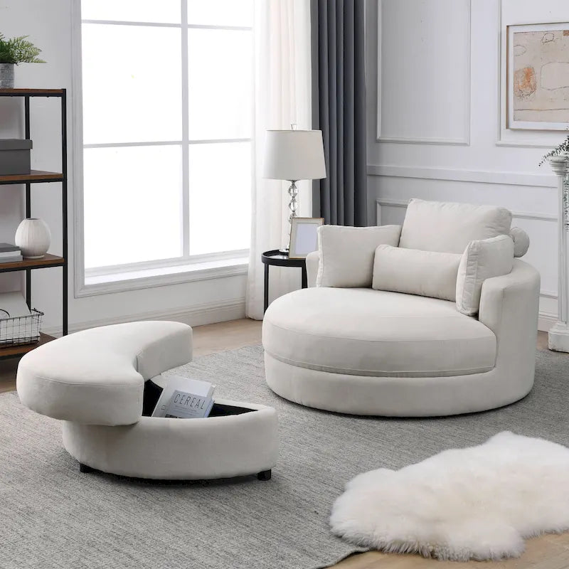 Welike Swivel Accent Barrel Modern Grey Sofa Lounge Club Big Round Chair with Storage Ottoman