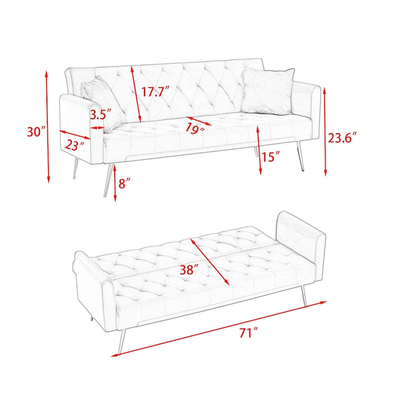 Tufted Grey Upholstered Convertible Double Folding Sofa Bed - 19.00 x 71.00 x 30.00