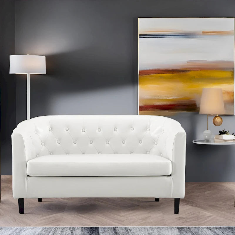 Midcentury Modern Button Tufted Faux Leather Barrel Loveseat - Comfy Tub Loveseat Sofa