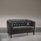 Midcentury Modern Button Tufted Faux Leather Barrel Loveseat - Comfy Tub Loveseat Sofa