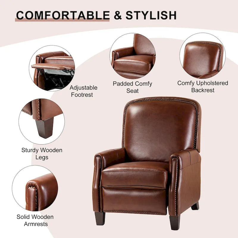 Gladis Modern Retro Genuine Leather Recliner with Nailhead Trim by HULALA HOME