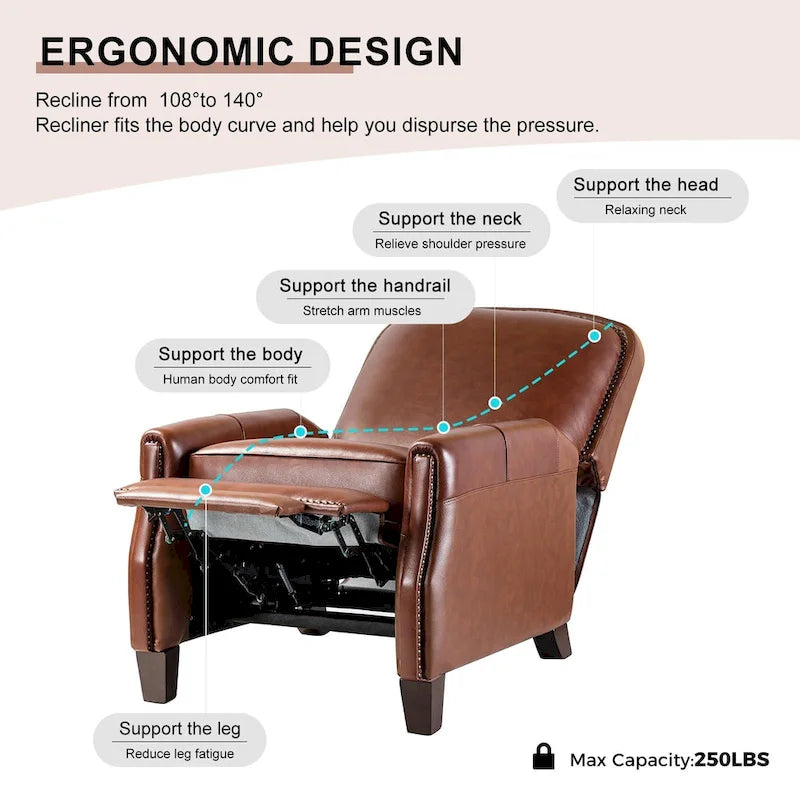 Gladis Modern Retro Genuine Leather Recliner with Nailhead Trim by HULALA HOME