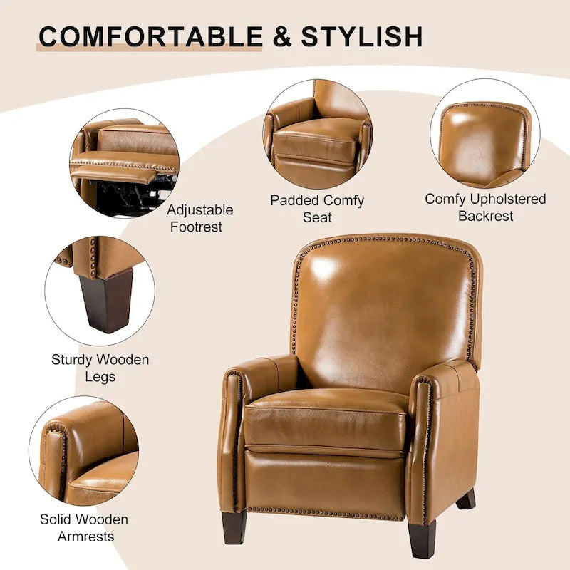 Gladis Modern Retro Genuine Leather Recliner with Nailhead Trim by HULALA HOME