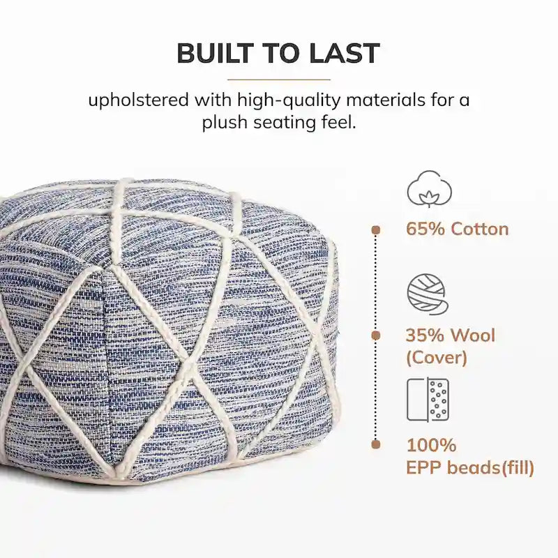 Jani Kirkwood Lake 22-inch Blue Pouf Ottoman - Handmade Footrest for Living Room, Bedroom, Nursery, Kidsroom