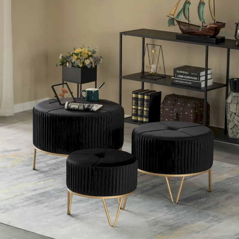 Round Velvet Ottoman Stool Raised with Hairpin Gold Base
