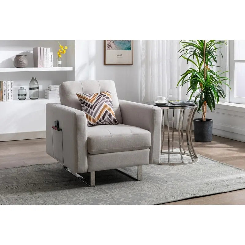 Linen Fabric Armchair with Metal Legs, Side Pockets, and Pillow