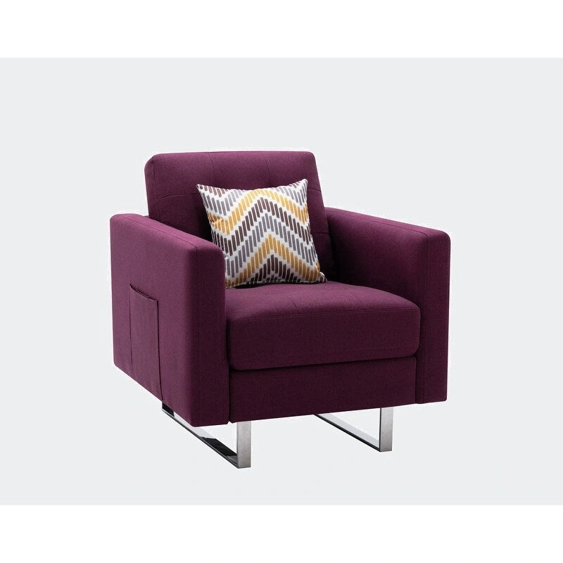 Linen Fabric Armchair with Metal Legs, Side Pockets, and Pillow