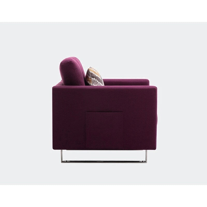 Linen Fabric Armchair with Metal Legs, Side Pockets, and Pillow