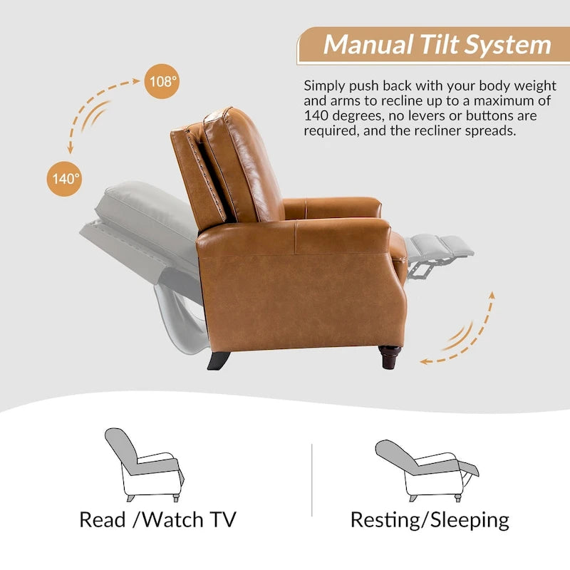 Cigar Mid-century Modern Genuine Leather Recliner with Nailhead Trim Set of 2 by HULALA HOME