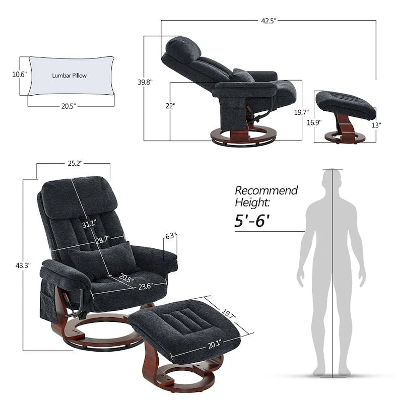 MCombo Swivel Recliner with Ottoman, Leisure Office Chair, Ergonomic Lounge chair, Chenille Fabric 4687