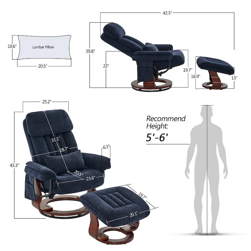 MCombo Swivel Recliner with Ottoman, Leisure Office Chair, Ergonomic Lounge chair, Chenille Fabric 4687