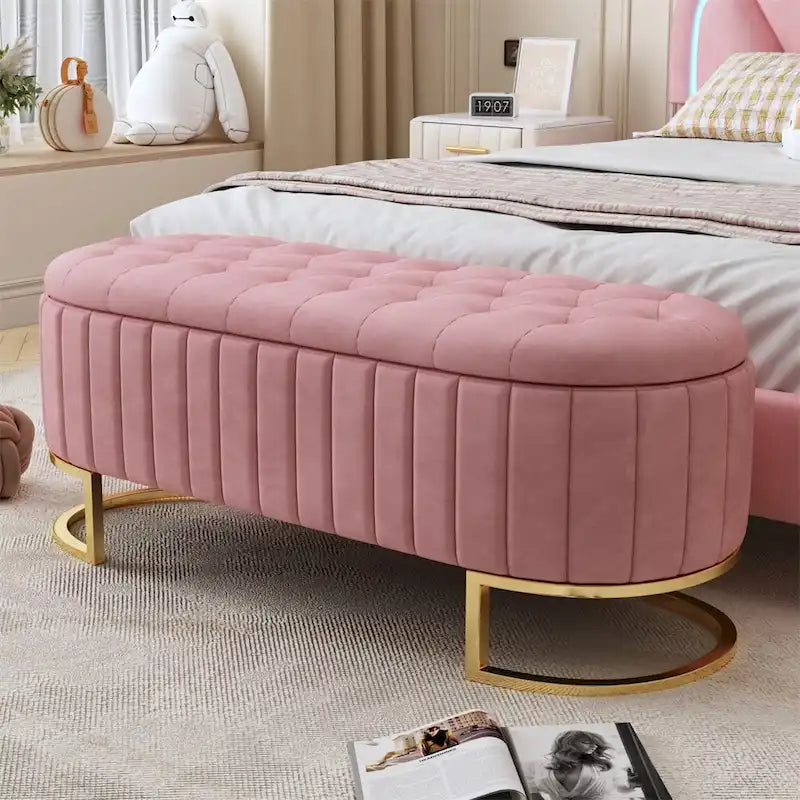Upholstered Velvet Storage Ottoman with Button-Tufted