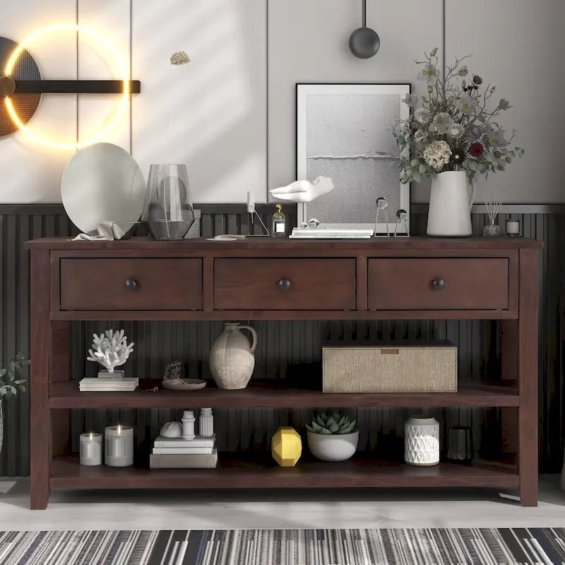 Retro Console Table Sofa Table with 2 Open Shelves and 3 Drawers, Pine Solid Wood Frame and Legs for Living Room, Entryway
