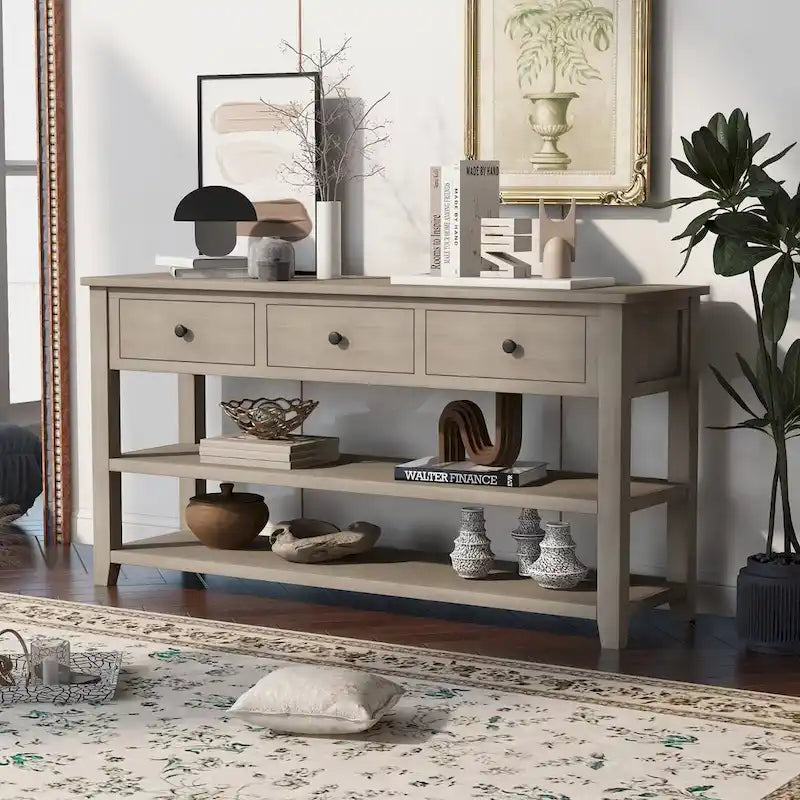 Retro Console Table Sofa Table with 2 Open Shelves and 3 Drawers, Pine Solid Wood Frame and Legs for Living Room, Entryway