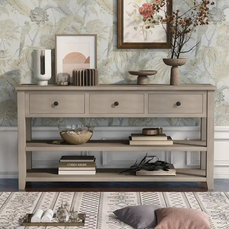 Retro Console Table Sofa Table with 2 Open Shelves and 3 Drawers, Pine Solid Wood Frame and Legs for Living Room, Entryway