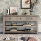 Retro Console Table Sofa Table with 2 Open Shelves and 3 Drawers, Pine Solid Wood Frame and Legs for Living Room, Entryway