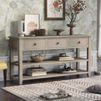Retro Console Table Sofa Table with 2 Open Shelves and 3 Drawers, Pine Solid Wood Frame and Legs for Living Room, Entryway