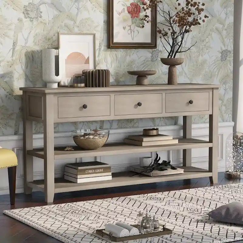 Retro Console Table Sofa Table with 2 Open Shelves and 3 Drawers, Pine Solid Wood Frame and Legs for Living Room, Entryway