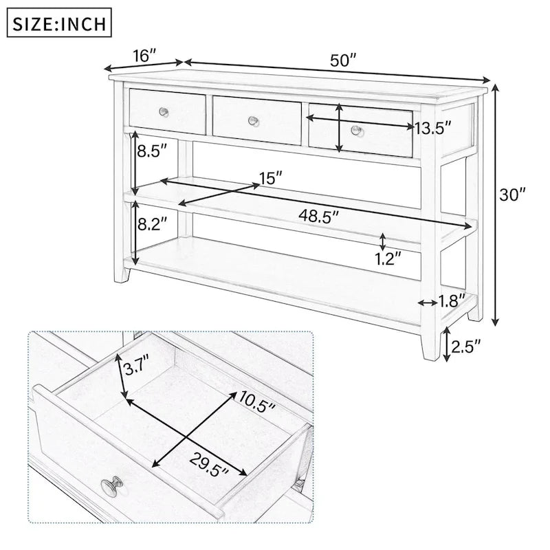 Retro Console Table Sofa Table with 2 Open Shelves and 3 Drawers, Pine Solid Wood Frame and Legs for Living Room, Entryway