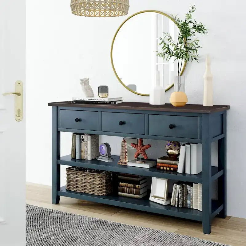 Retro Console Table Sofa Table with 2 Open Shelves and 3 Drawers, Pine Solid Wood Frame and Legs for Living Room, Entryway