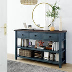 Retro Console Table Sofa Table with 2 Open Shelves and 3 Drawers, Pine Solid Wood Frame and Legs for Living Room, Entryway