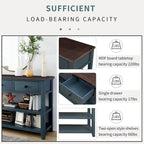 Retro Console Table Sofa Table with 2 Open Shelves and 3 Drawers, Pine Solid Wood Frame and Legs for Living Room, Entryway