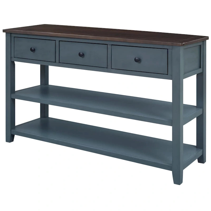 Retro Console Table Sofa Table with 2 Open Shelves and 3 Drawers, Pine Solid Wood Frame and Legs for Living Room, Entryway