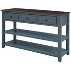 Retro Console Table Sofa Table with 2 Open Shelves and 3 Drawers, Pine Solid Wood Frame and Legs for Living Room, Entryway