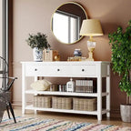 Retro Console Table Sofa Table with 2 Open Shelves and 3 Drawers, Pine Solid Wood Frame and Legs for Living Room, Entryway